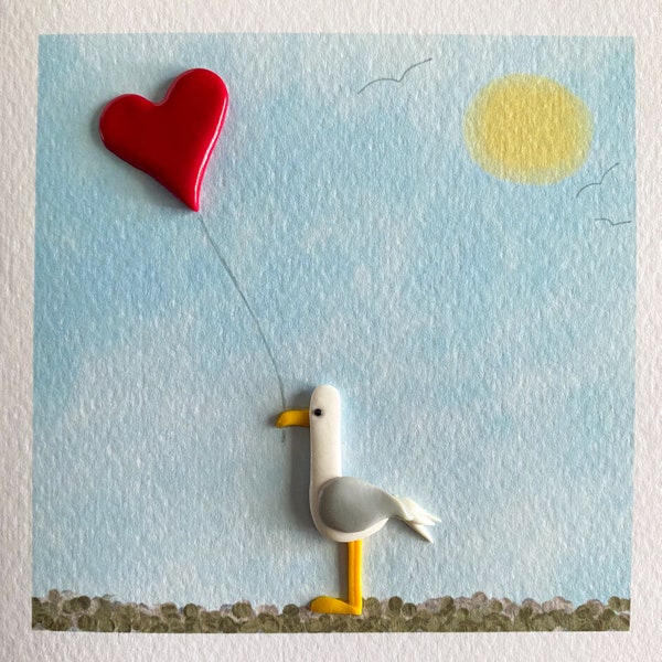 Cute Seagull Art greeting card with handmade clay decorations.(Optional *PERSONAL GREETING* on front)