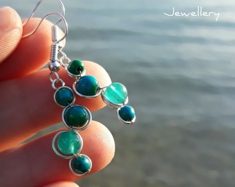 Blue green gemstone earrings, freeform earrings, crystal earrings, blue-green earrings, wire earrings, natural stone earrings, boho earrings
