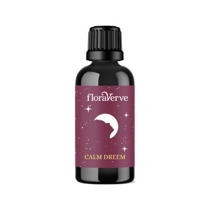 May include: A black glass bottle with a black cap. The label is a deep burgundy colour with the text "floraVerve" in white script. Below is a white crescent moon and stars design, with the words "CALM DREEM" in white.
