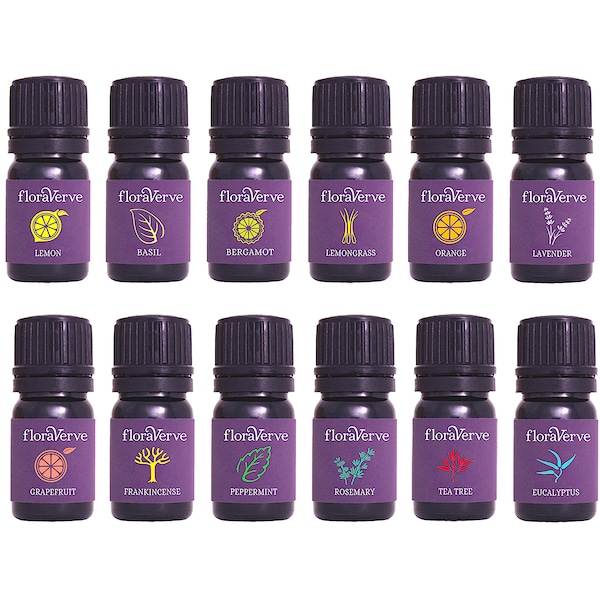 floraVerve Essential VERVE Collection, Natural & 100% Pure Aromatherapy Essential Oils Starter Kit 12 X 5mL