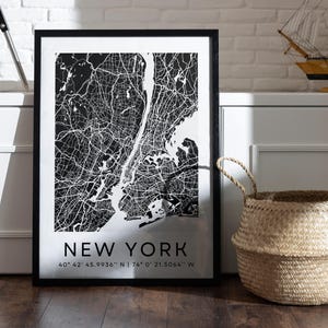 New York afdrukken NYC-stadskaart poster zwart-wit New York reizen muur kunst Verenigde Staten NYC cadeau-ideeën voor nieuwe woning, verjaardag digitale download