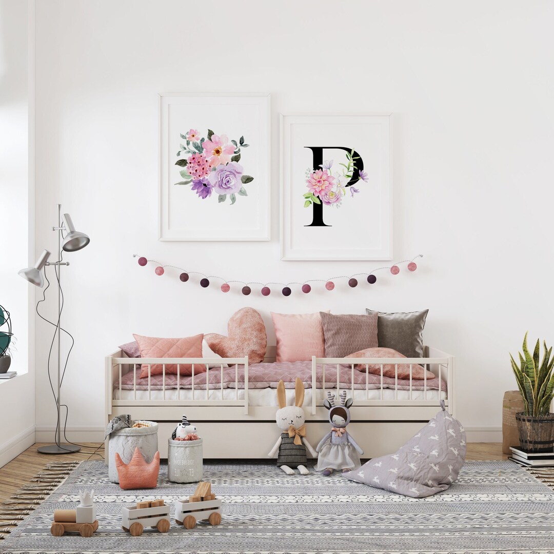 Floral Initial Nursery Print for Baby Girl Room Wall Decor Poster Pink ...