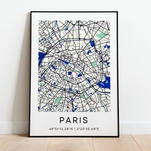 Mapa da cidade de Paris, pôster minimalista em azul e branco, arte de parede de viagem para Paris, ideias para presentes para amantes da França para download digital de casa nova