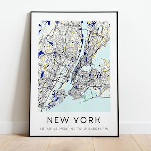 NYC-stadskaart poster modern New York print blauw en geel New York Wall Art Verenigde Staten NYC reizen cadeau-ideeën voor nieuwe woning digitale download