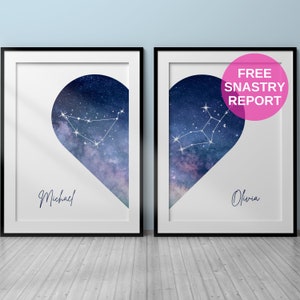 Regalo personalizado para pareja con el signo zodiacal para aniversario de bodas, regalo astrológico personalizado en forma de corazón para esposo y esposa + INFORME GRATUITO