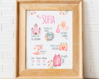 Estatísticas de nascimento de bebê para impressão, presente personalizado para recém-nascidos, placa de nascimento personalizada para bebê, decoração de parede de berçário, cabide de parede de hospital