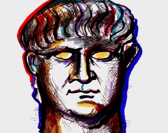 May include: A colorful line drawing of a man's face with a serious expression. The drawing is done in black ink with accents of red, blue, yellow, and purple.