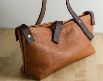 Small Soft Brown Leather - handbag - Top Handle - Evening Bag - Handmade in England