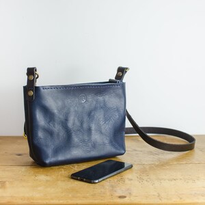 Navy Italian Leather Shoulder Bag Zip Top Crossbody Bag Designed and Handmade In Britain image 7