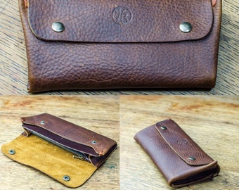 Leather Purse, Caramel Kodiak Leather Purse,  Handmade Leather Purse, Leather Wallet with zip Handmade in Britain,