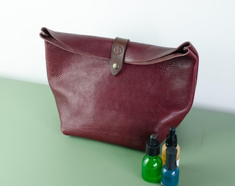 Handmade Burgundy Leather Toiletry Bag: Italian Full Grain Travel Pouch