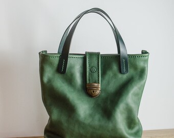 Leather Handbag, Italian Leather Bag, Racing Green Leather Tote Bag with Zipper, Leather Bag, Handmade in Britain
