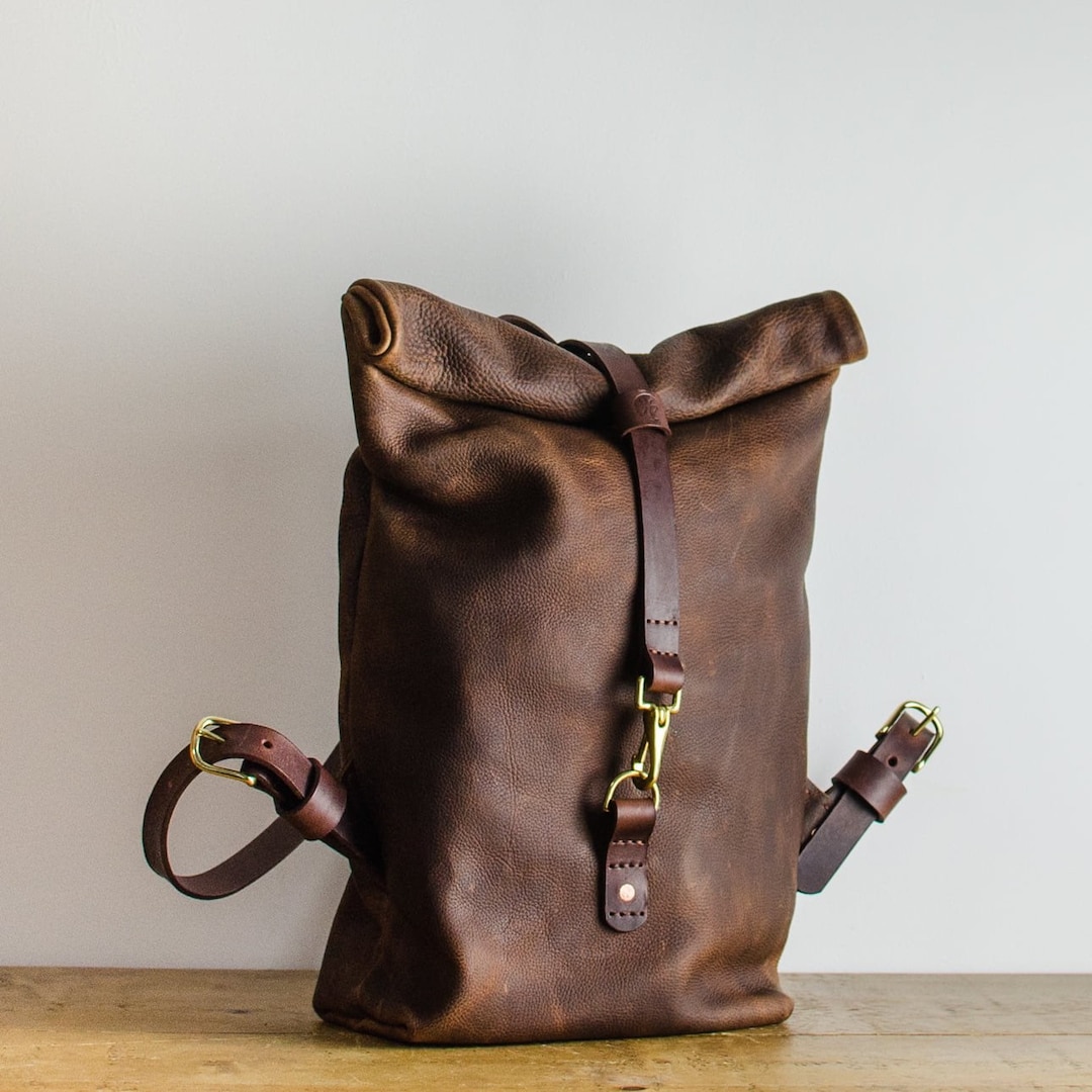 Leather Backpack, Roll Top Brown Leather Backpack, Leather Rucksack