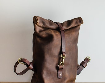 Leather Backpack, Roll Top Brown Leather Backpack, Leather Rucksack, Leather Travel Bag, Handmade In Britain