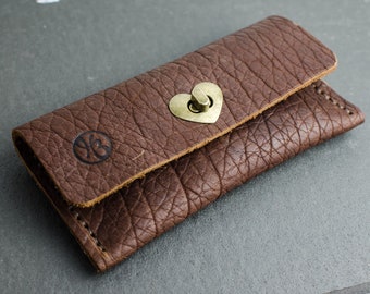 Leather Purse With Heart Clasp, Leather Card Wallet, Brown Bison Leather Purse, Leather Money Wallet, Handmade in Britain