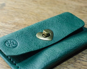 Leather Purse With Heart Clasp, Leather Card Wallet or Money Wallet,  Racing Green Italian Leather Purse, Handmade in Britain