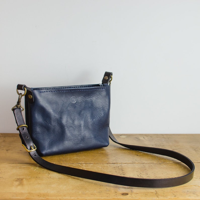 Navy Italian Leather Shoulder Bag Zip Top Crossbody Bag Designed and Handmade In Britain image 2