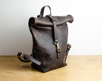 Leather Backpack  Brown  Leather Backpack - Handmade Computer  Bag - Roll Top Leather Rucksack - Rucksack - Weekend Bag - Unisex Backpack