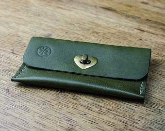 Leather Purse / Handmade Leather Purse / Olive Green Italian Leather Wallet / Heart Clasp Leather Purse / Handmade In UK