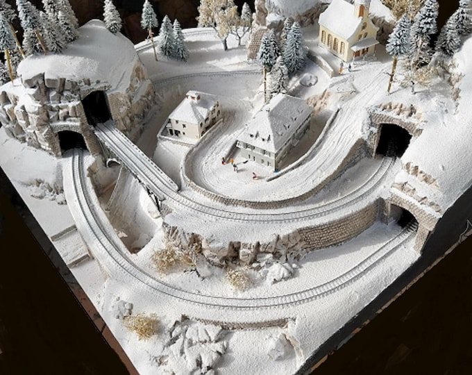 N Scale Winter Railroad Diorama, Handmade Model Train Layout (23.6 x 27.5 inches)