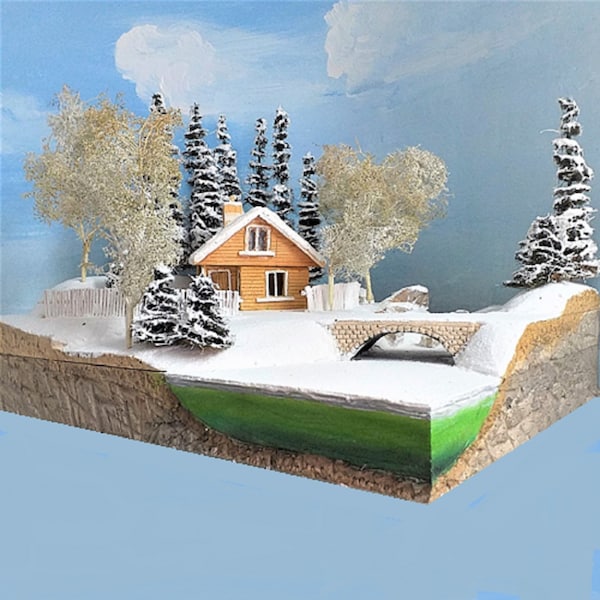 Diorama de neige pittoresque avec chalet, rive d'un lac gelé d'une base de 42 x 39 cm (16,5 x 11,8 pouces)