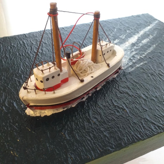 Model Fishing Boat on a Very Realistic Calm Sea Diorama Base of 30 X 21 Cms  11.8 X 8.2 Inches 