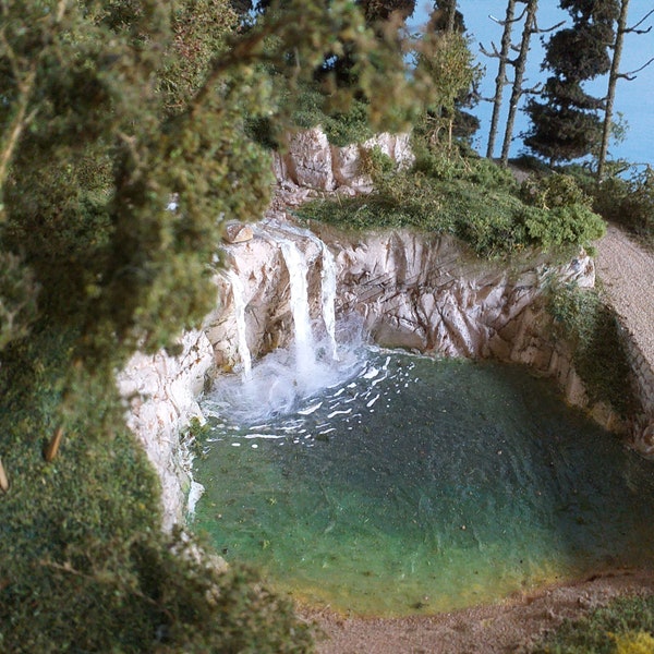 Waterfall,  tree forest, lake, stone bridge, base 42 x 30 cms