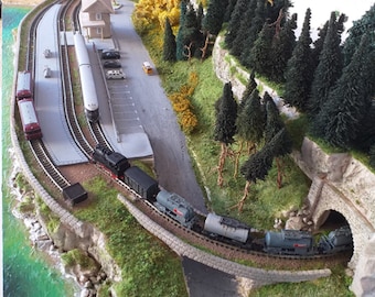 Model train railway layout in N scale 1/160, with very realistic landscape. Single track with 2 sidings.