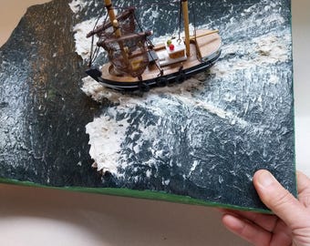 Handmade Stormy Sea Diorama with Vintage Fishing Boat