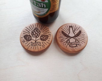 Magnetic Wood Bottle Opener Engraved with Hops or Barley
