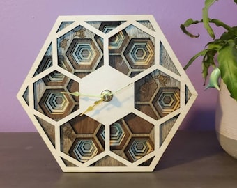 Mid Century Modern Inspired Wood Honeycomb Beehive Bee Desk Tabletop Clock