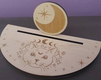 Card of the day stand - Tarot Card pull of the day Wooden Celestial Cosmic Cat with Moon and Stars Stand