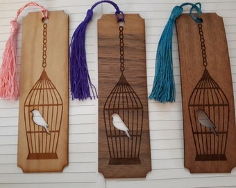 Wood Bookmark with engraved birdcage and bird