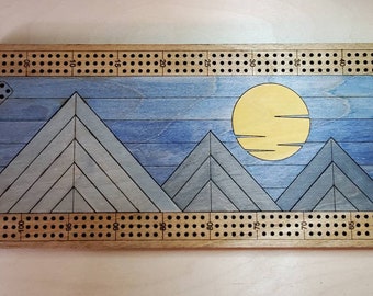 Three Player Mountain Range Cribbage Board with Peg Storage