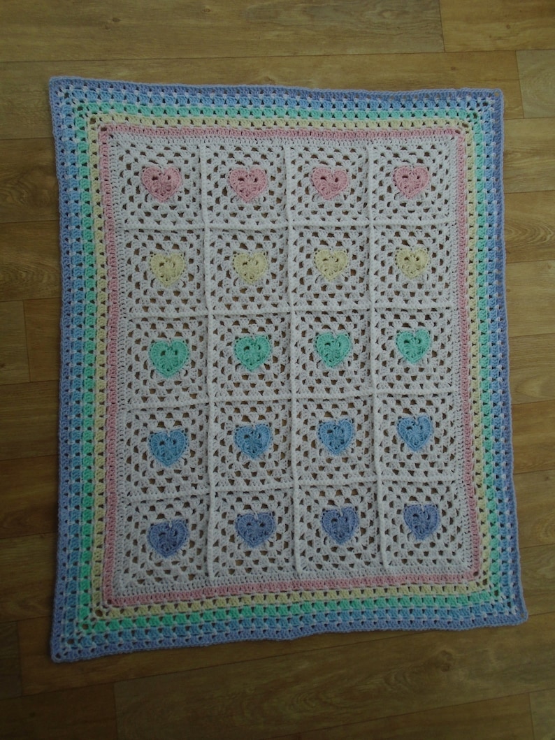 Pastel Rainbow Baby Blanket and Hat Set Handmade Rainbow baby Heart Blanket Gender Neutral Rainbow Baby Gift Set Crochet Cot Blanket