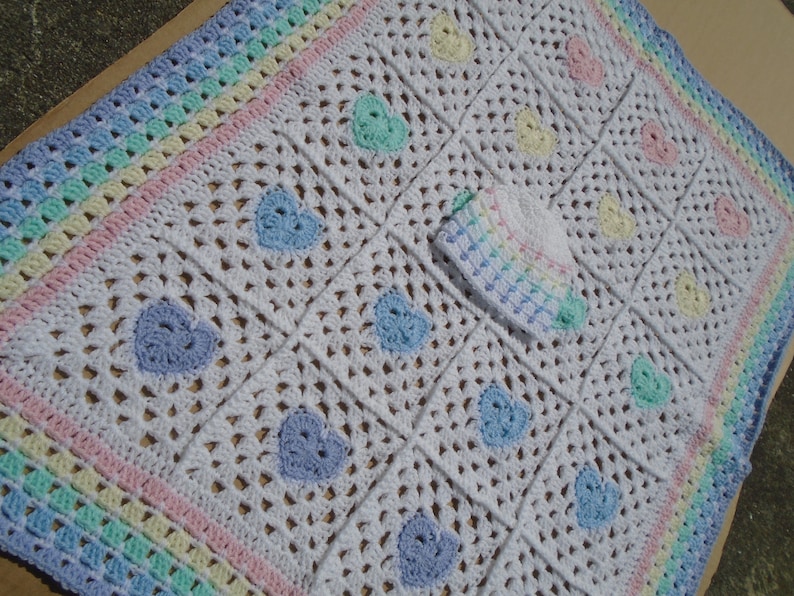 Pastel Rainbow Baby Blanket and Hat Set Handmade Rainbow baby Heart Blanket Gender Neutral Rainbow Baby Gift Set Crochet Cot Blanket