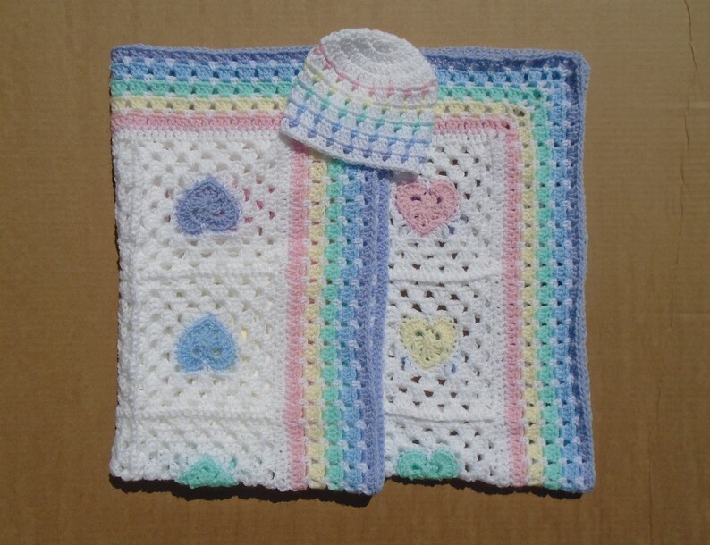 Pastel Rainbow Baby Blanket and Hat Set Handmade Rainbow baby Heart Blanket Gender Neutral Rainbow Baby Gift Set Crochet Cot Blanket