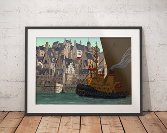 Tugboat Art Print, Harbour Illustration, A4, A3