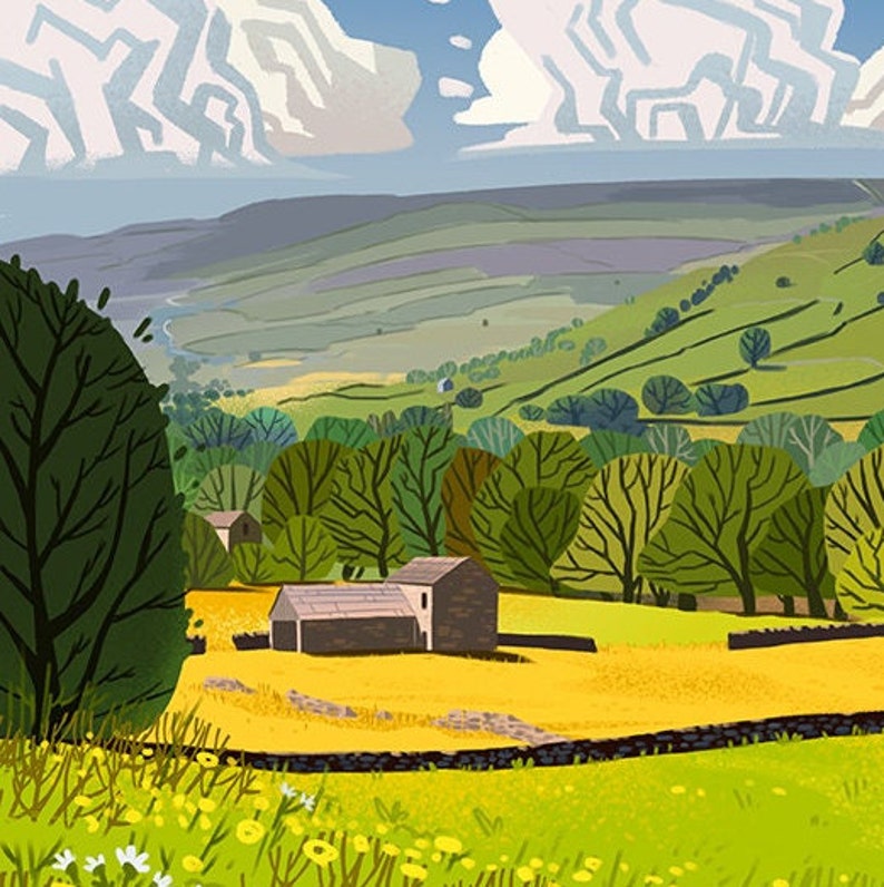 Rolling Hills, Yorkshire Dales, Landscape Illustration, A4, A3 image 4