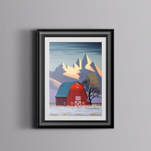 Red Barn, Montana, Art Print, A4, A3