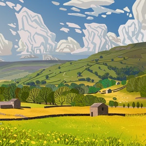 Rolling Hills, Yorkshire Dales, Landscape Illustration, A4, A3 image 5