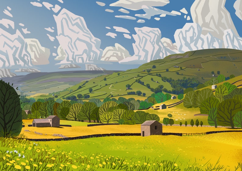 Rolling Hills, Yorkshire Dales, Landscape Illustration, A4, A3 image 5