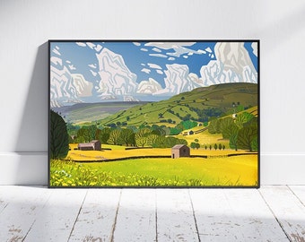Rolling Hills, Yorkshire Dales, Landscape Illustration, A4, A3