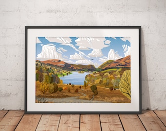 Grasmere Lake, Loughrigg Fell, Landscape Illustration, A4, A3