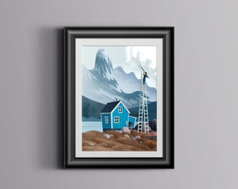 Blue Cabin, Greenland Art Print, A4, A3