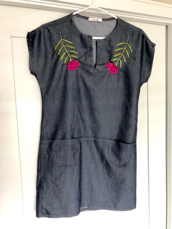 floral embroidered denim overall dress
