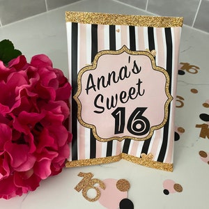 Sweet 16 Chip Bags, Sweet Sixteen Party Favor, Sweet 16 Party Favor, Birthday Party Favor, 16th Birthday Party Chip Bag, Rose Gold Sweet 16