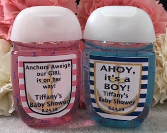 Etykiety na upominki z żeglarskim płynem do dezynfekcji rąk, upominki na baby shower w stylu marynistycznym, etykiety na płyn do dezynfekcji rąk, upominki na przyjęcie z posypką dla dzieci