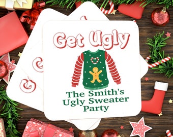 Personalized Ugly Sweater Party Coasters, Get Ugly Party Favors, Christmas Party Decor, Holiday Party Coasters, Ugly Sweater Party Decor