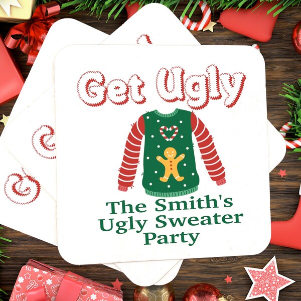 Personalized Ugly Sweater Party Coasters, Get Ugly Party Favors, Christmas Party Decor, Holiday Party Coasters, Ugly Sweater Party Decor